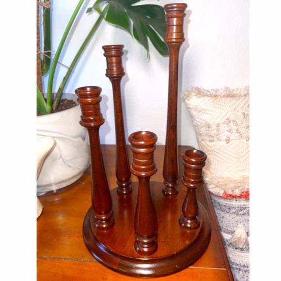 Vintage Mid-Century Retro Wooden Candlestick 5 Candle Graduated Candelabra MCM - Picture 1 of 3
